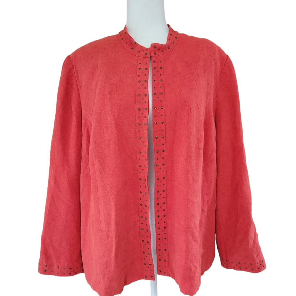 Alfred Dunner Orange Open Front Over Coat with Studded Trim Size 18W EUC